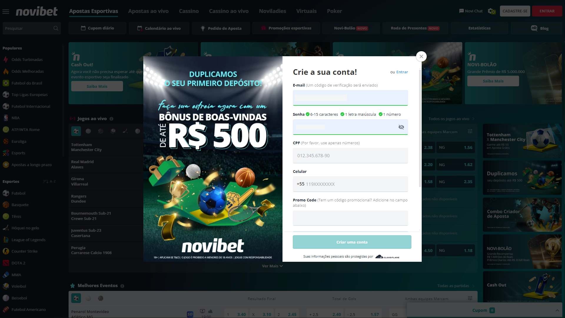 Print mostra página de apostas da Novibet