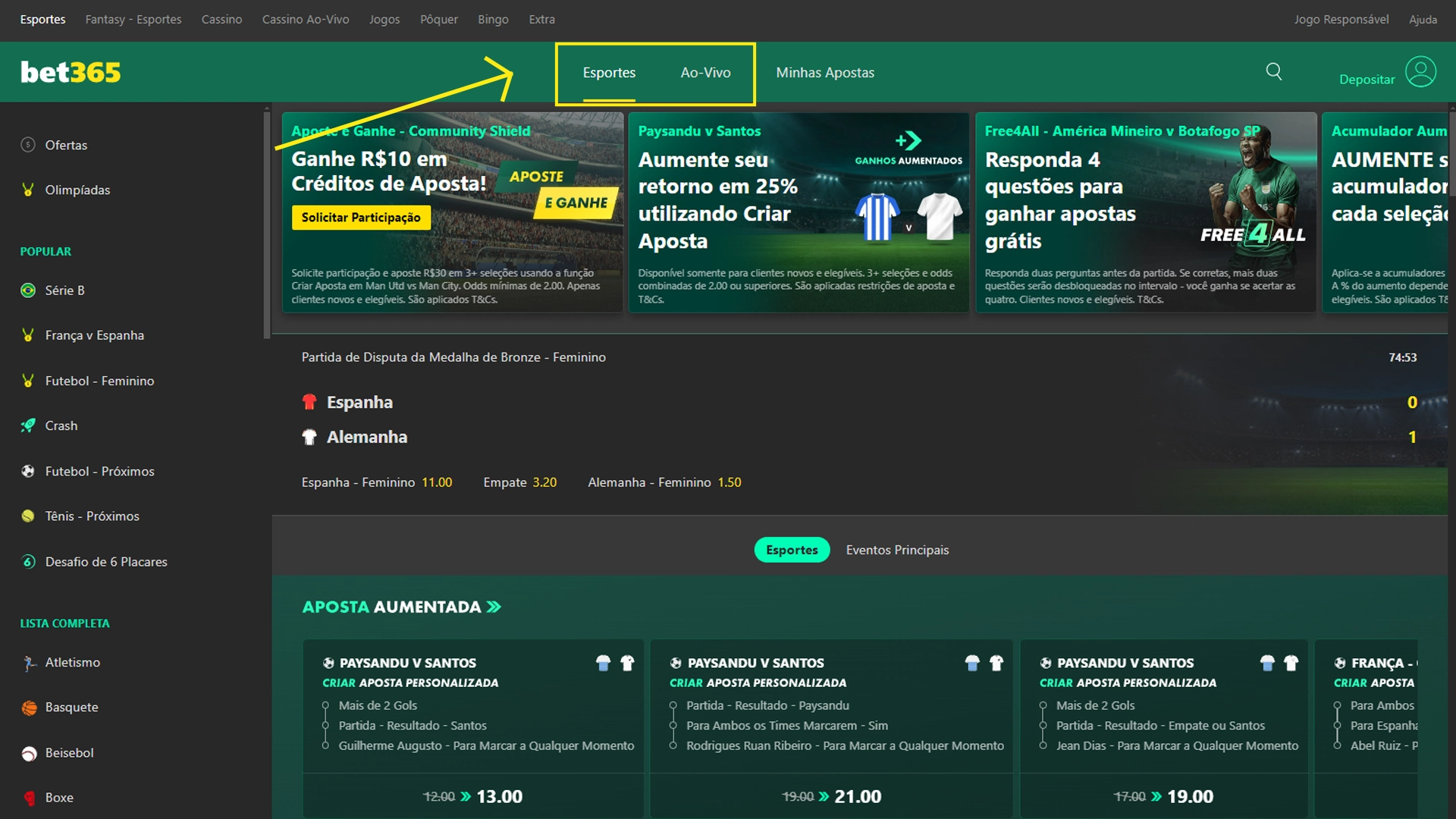 Print mostra página de pré-jogo e ao vivo da Bet365