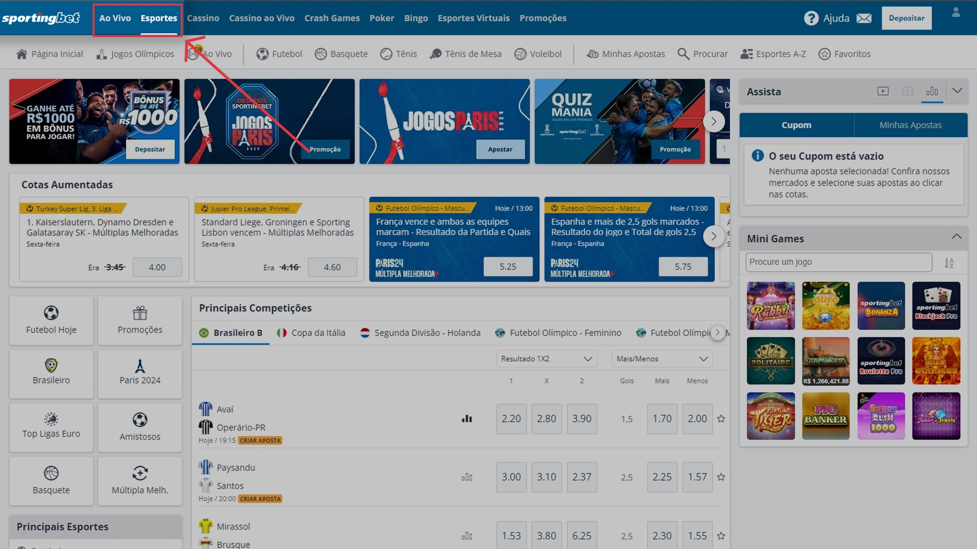 Print mostra página de pré-jogo e ao vivo da Sportingbet