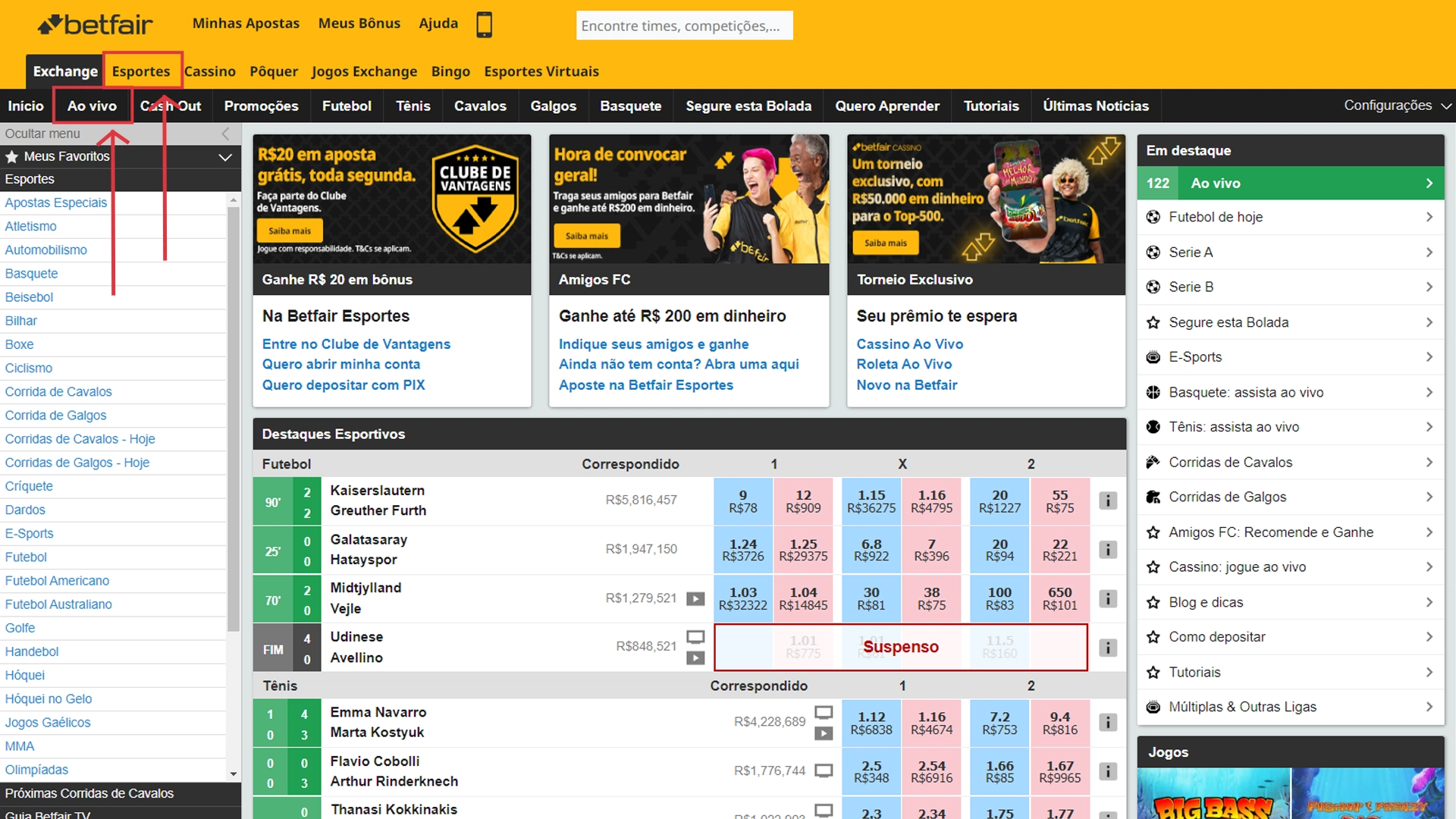 Print mostra página de pré-jogo e ao vivo da Betfair