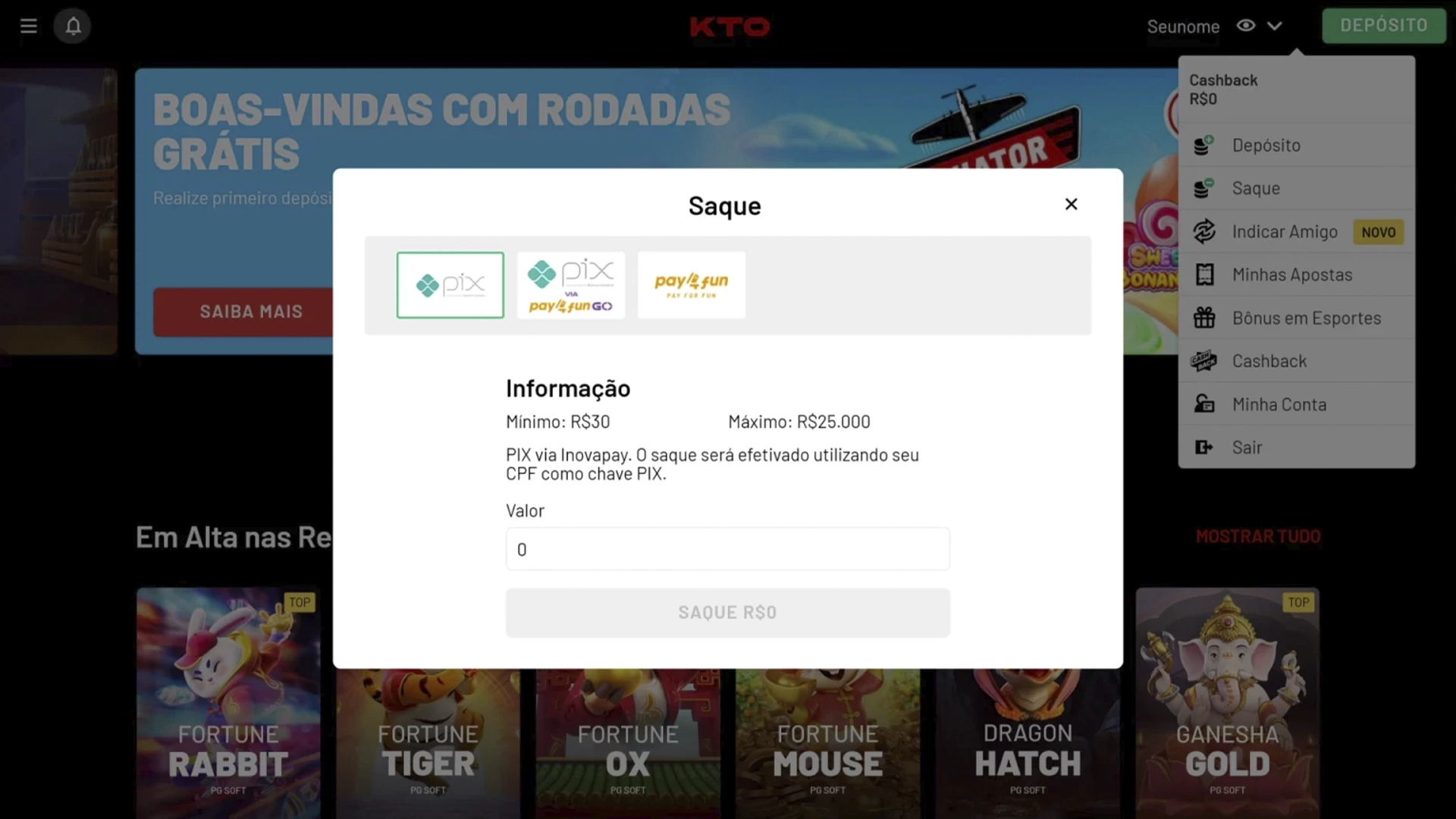 Print mostra página de saque da KTO