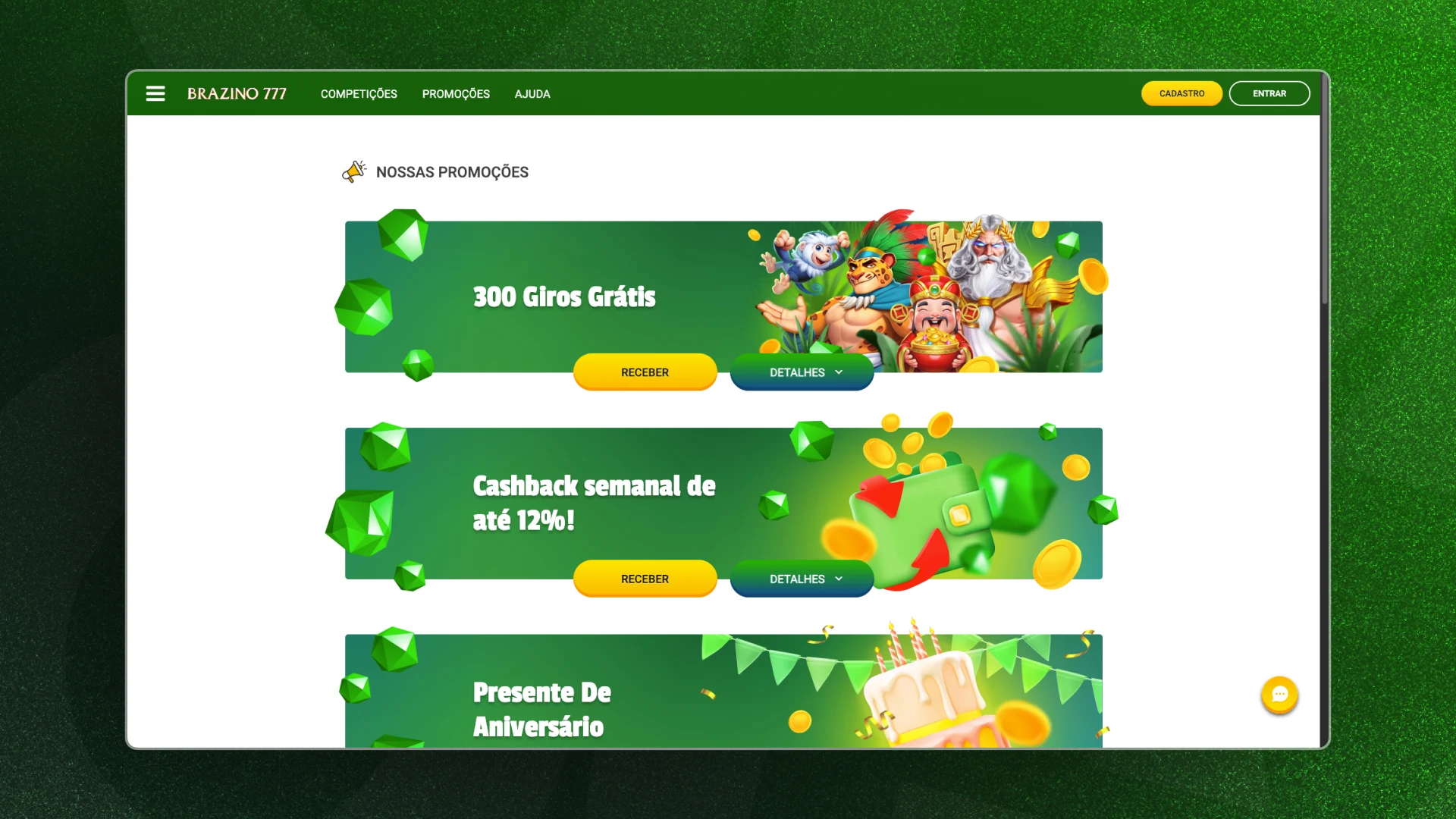 Captura de tela com todos os bônus ativos da Brazino777