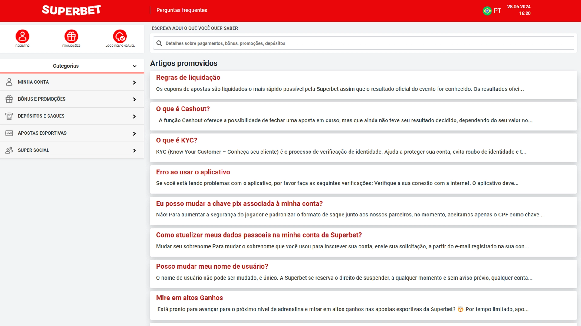 Print mostra página de Perguntas Frequentes da Superbet