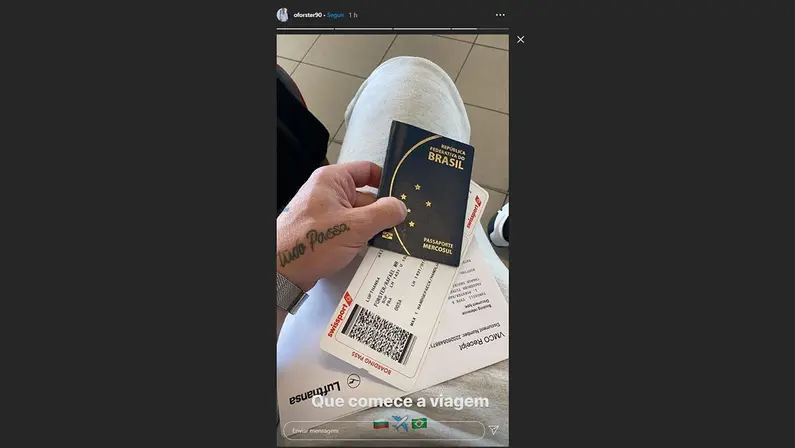 Rafael Forster posta foto já a caminho do Brasil para se apresentar ao Botafogo