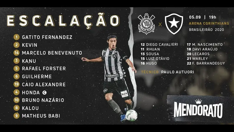 Escalação - Botafogo x Corinthians - Campeonato Brasileiro 2020