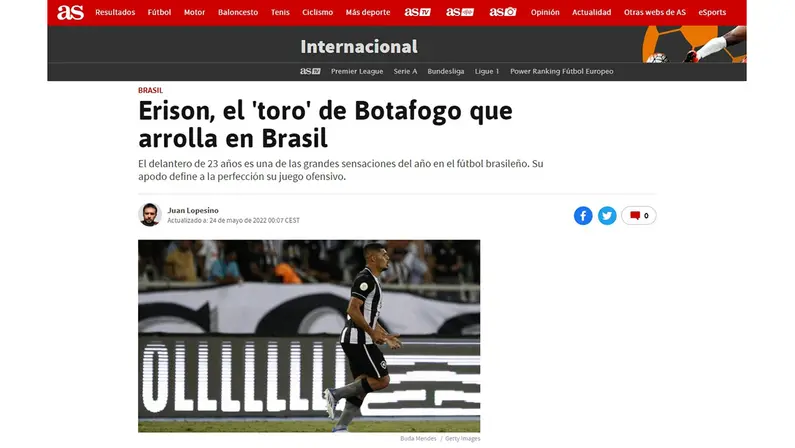 Erison ganha destaque em jornal espanhol com reportagem especial: ‘O touro do Botafogo que atropela no Brasil’