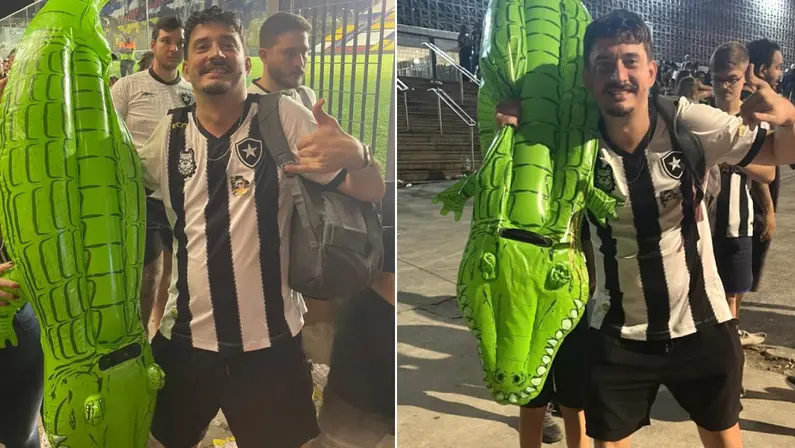 Torcedor Cássio Bueno com jacaré inflável em Grêmio x Botafogo | Campeonato Brasileiro 2024