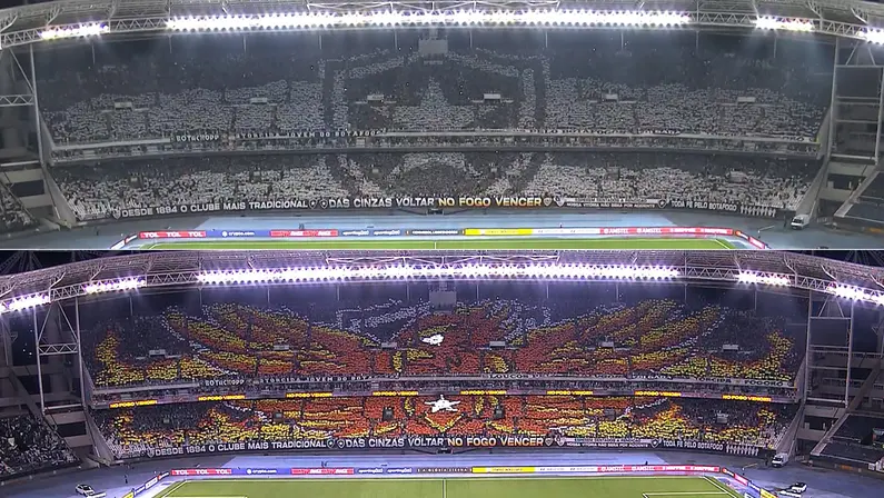Fênix alvinegra! Torcida do Botafogo faz mosaicos espetaculares no jogo contra o Palmeiras pela Libertadores