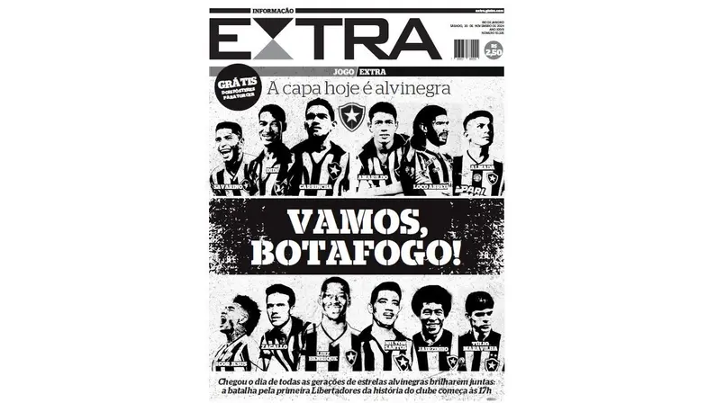 Jornal do Rio faz capa em preto e branco com ídolos do passado e atletas do elenco atual antes da final da Libertadores: ‘Vamos, Botafogo!’